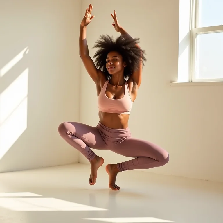 Mulher negra fazendo yoga em estúdio iluminado