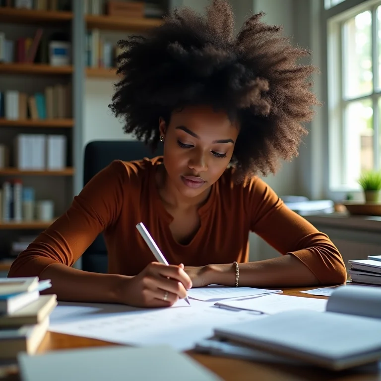Mulher negra focada analisando documentos em ambiente de trabalho.