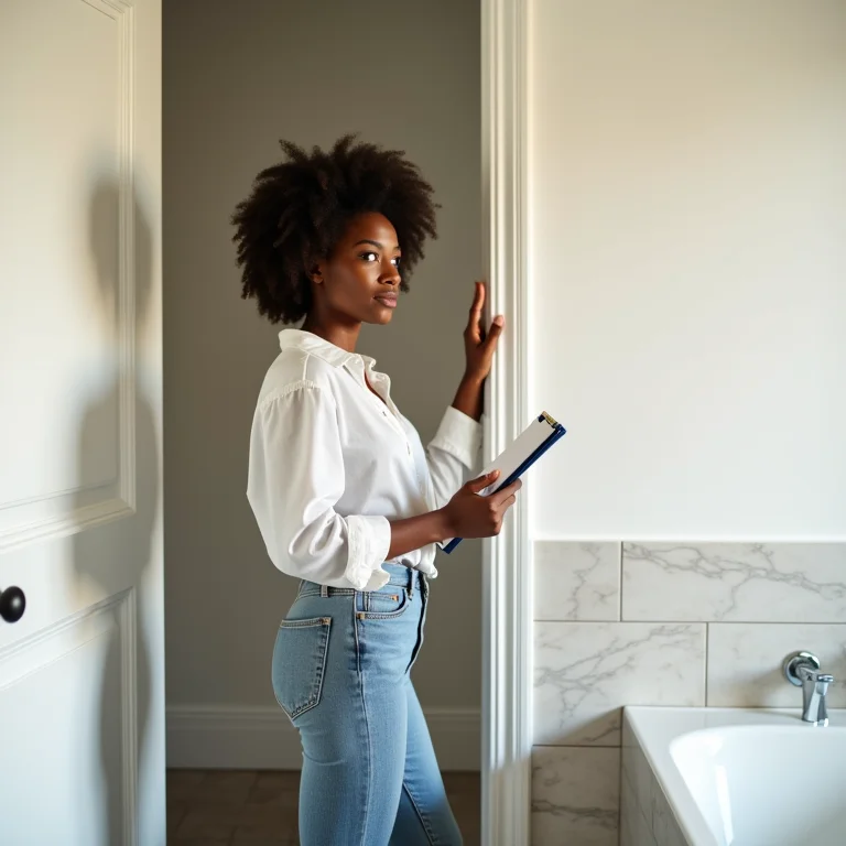 Mulher negra inspecionando banheiro recém-reformado.