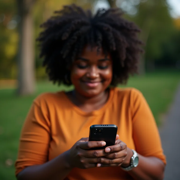 Mulher negra jogando no celular com bateria externa