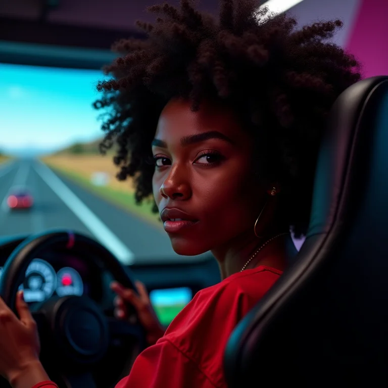 Mulher negra jogando simulador de corrida.