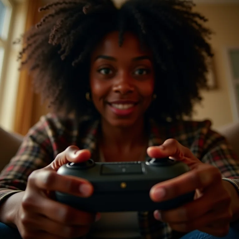 Mulher negra jogando Tony Hawk's Pro Skater com console antigo