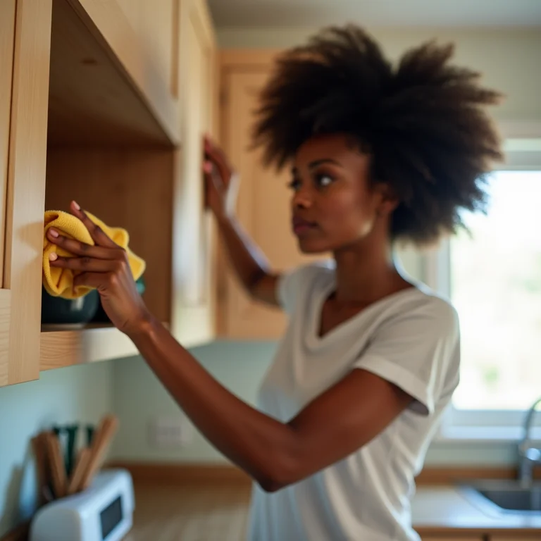 Mulher negra limpando armário de cozinha