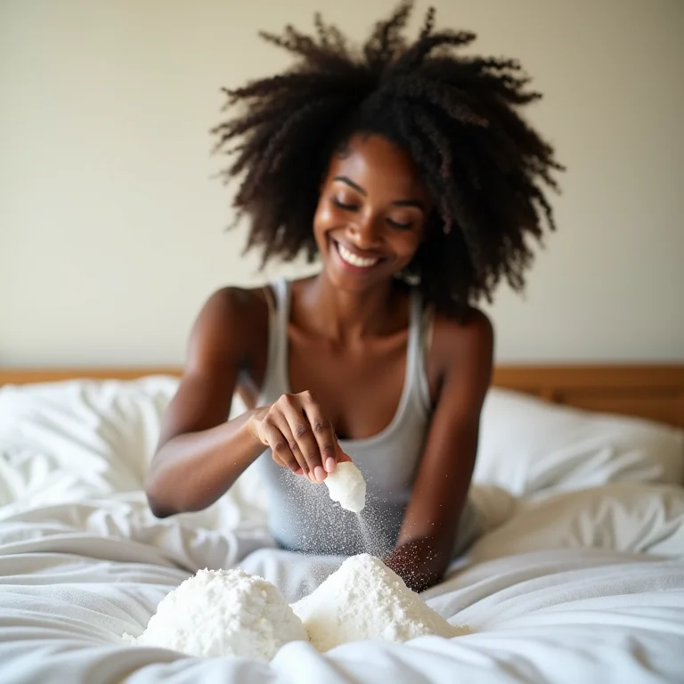 Mulher negra limpando colchão com bicarbonato