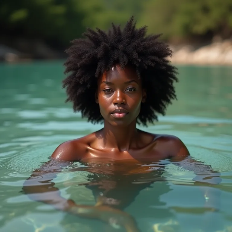 Mulher negra nadando em rio de águas cristalinas no Pará.