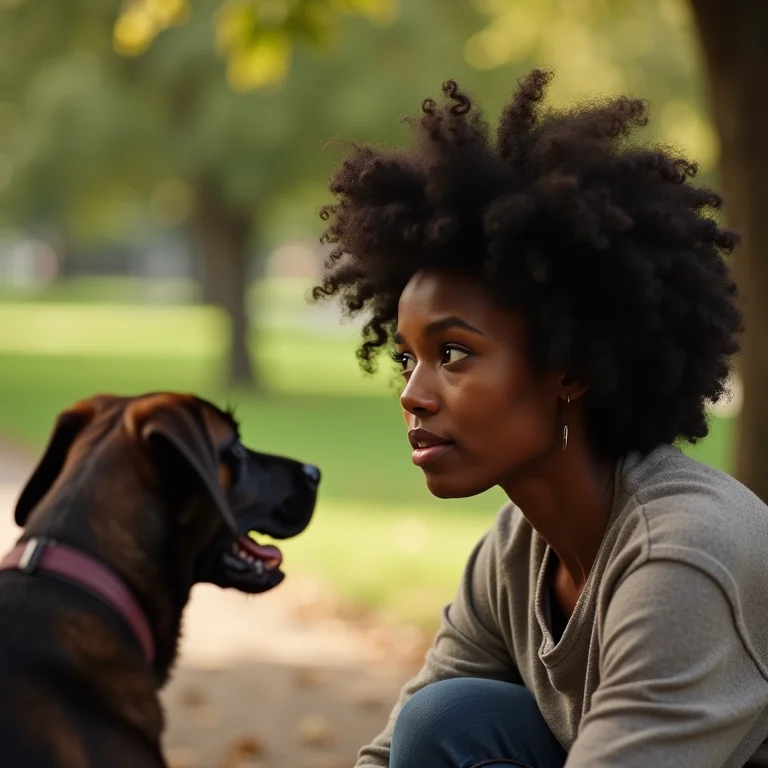 Mulher negra observando cachorro comendo grama