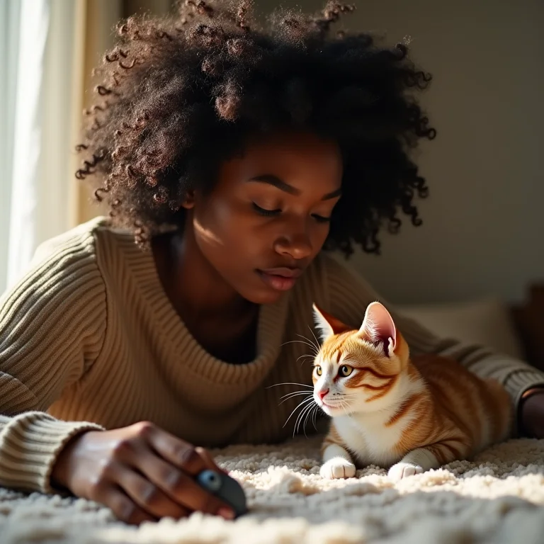 Mulher negra observando gato brincando com rato de brinquedo