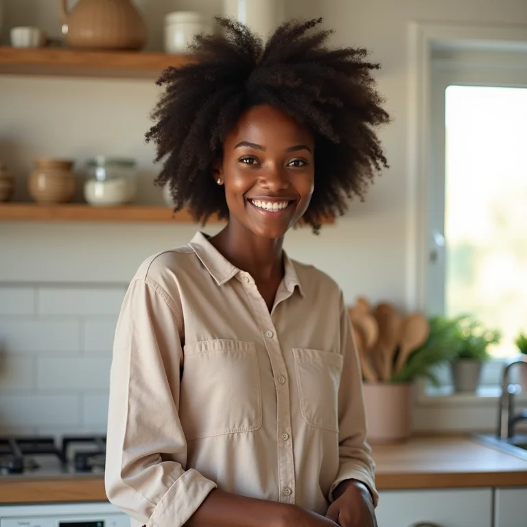 Mulher negra organizando a cozinha com o método KonMari.