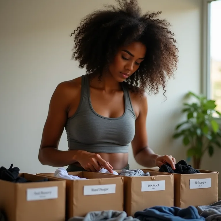 Mulher negra organizando roupas de ginástica por zonas de atividade