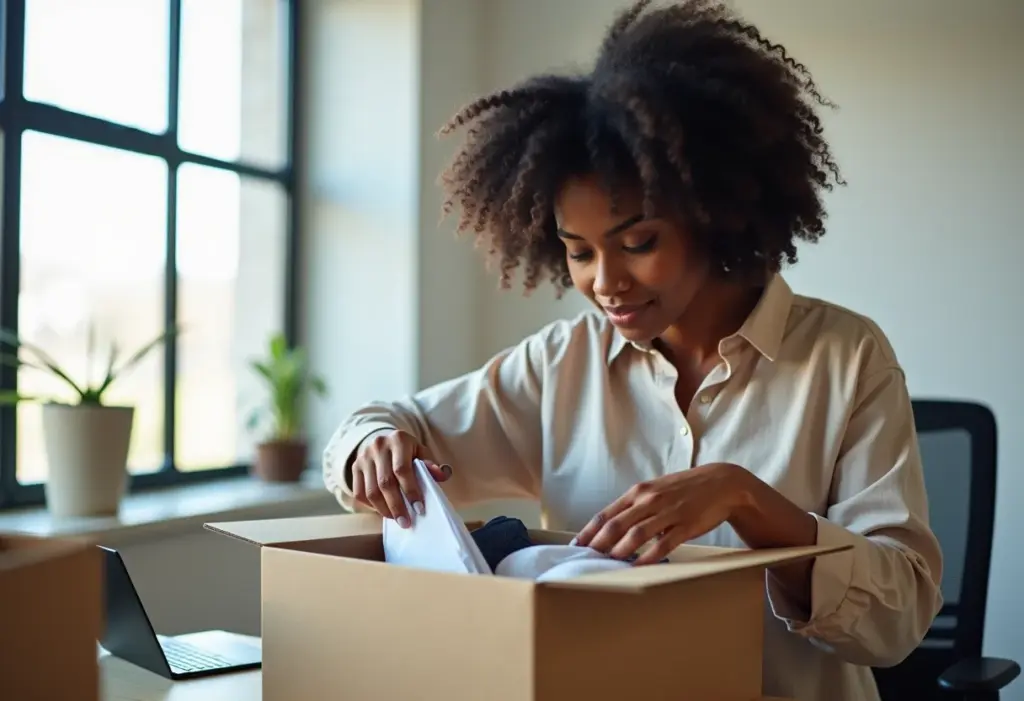 Mulher negra organizando seus pertences em caixa de papelão no escritório, com expressão pensativa.