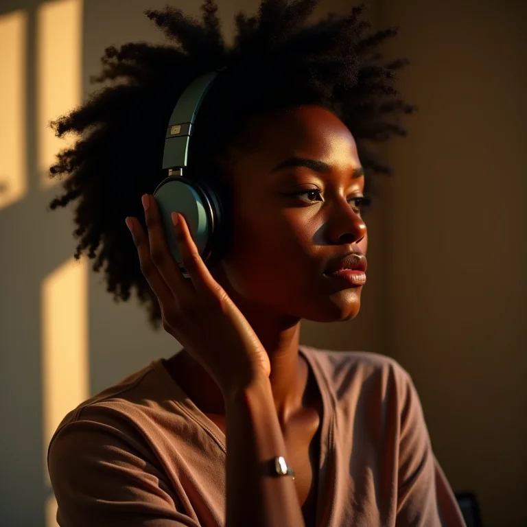 Mulher negra ouvindo atentamente com fones de ouvido.