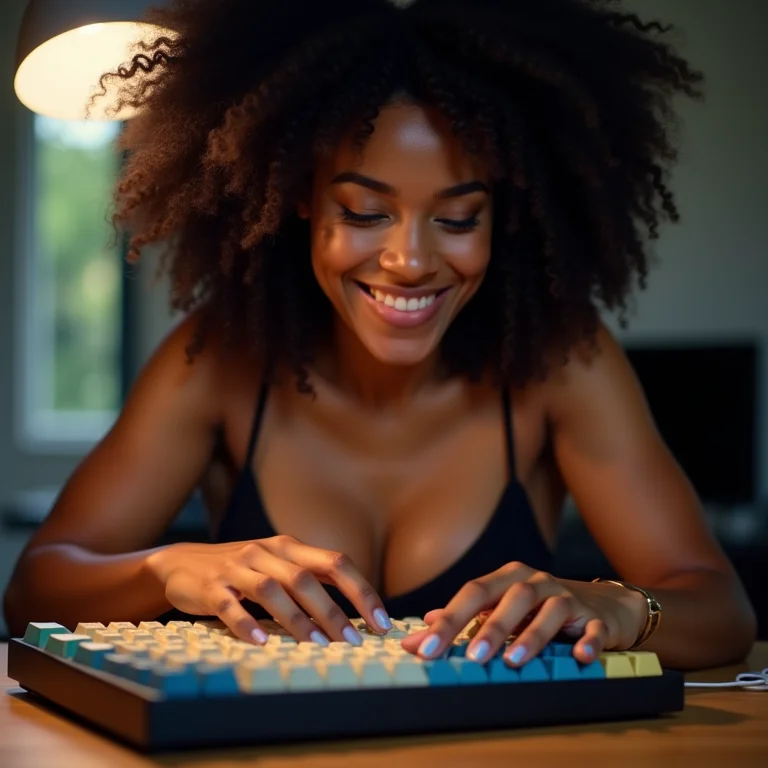 Mulher negra personalizando keycaps do teclado.