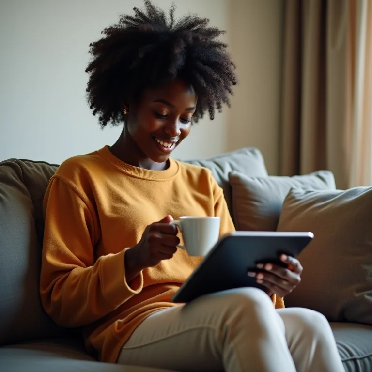Mulher negra pesquisando preços de microondas online.