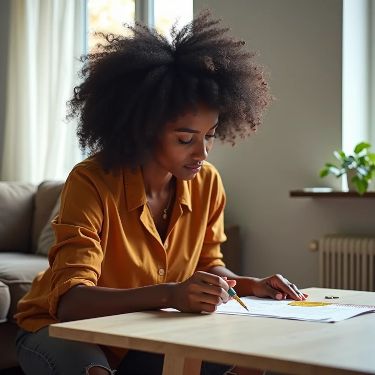 Mulher negra planejando a disposição da mesa de centro na sala