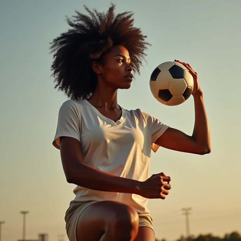 Mulher negra posando com bola de futebol