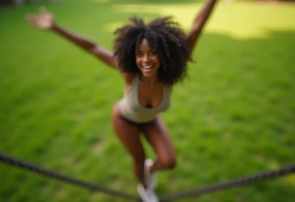 Slackline: As regras que você precisa saber para começar hoje Mulher negra praticando slackline em parque ensolarado.