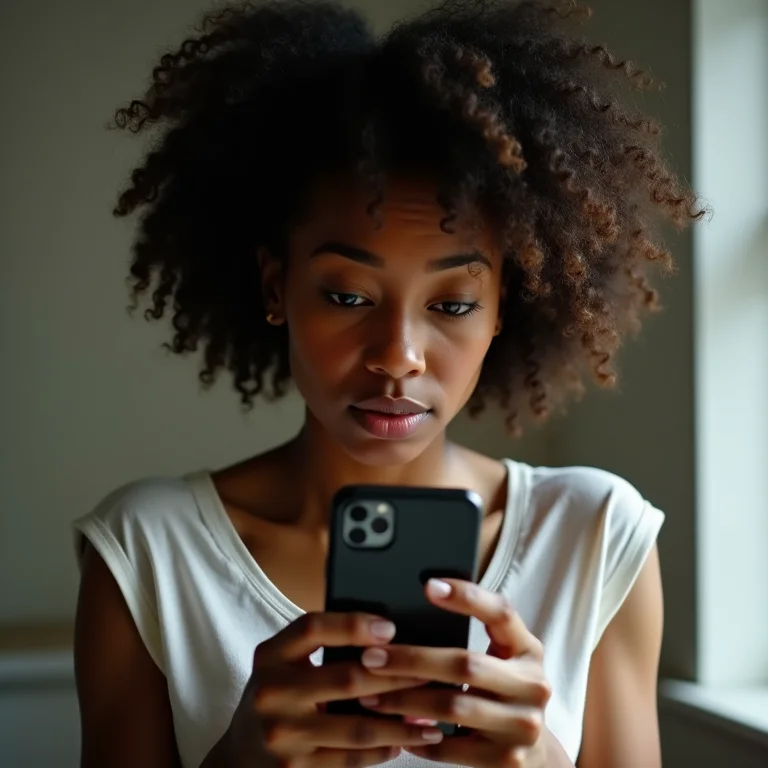 Mulher negra preocupada com toque fantasma no celular