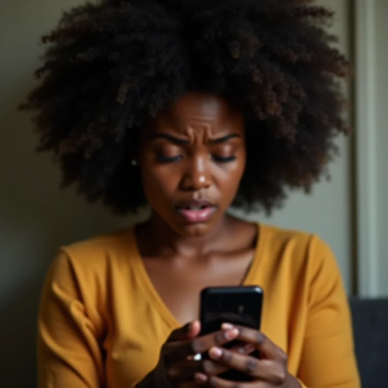 Mulher negra preocupada examinando a bateria do celular.