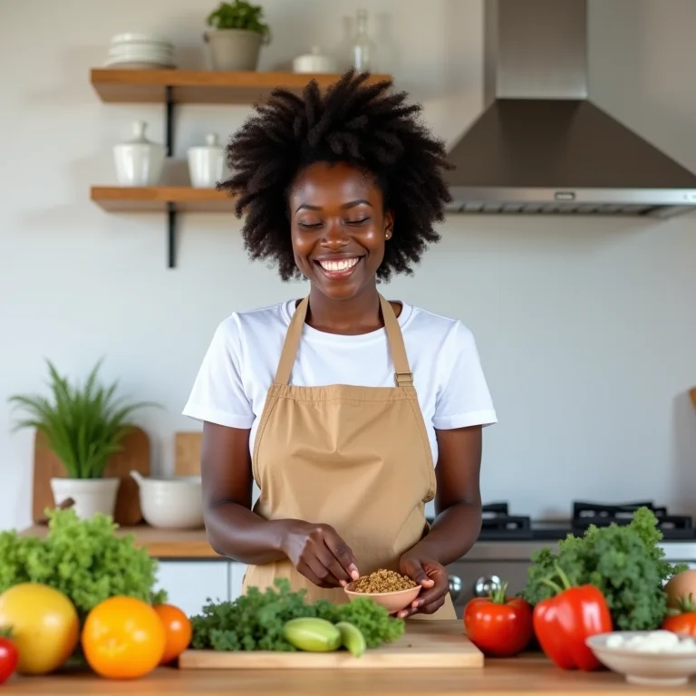 Mulher negra preparando comida caseira para gato