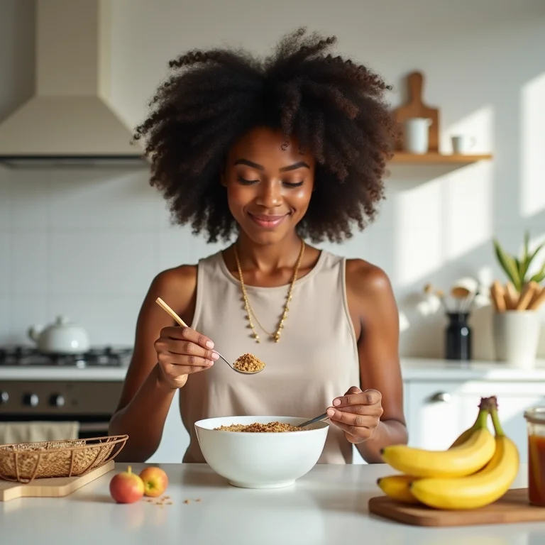 Mulher negra preparando mingau de aveia com banana e canela.