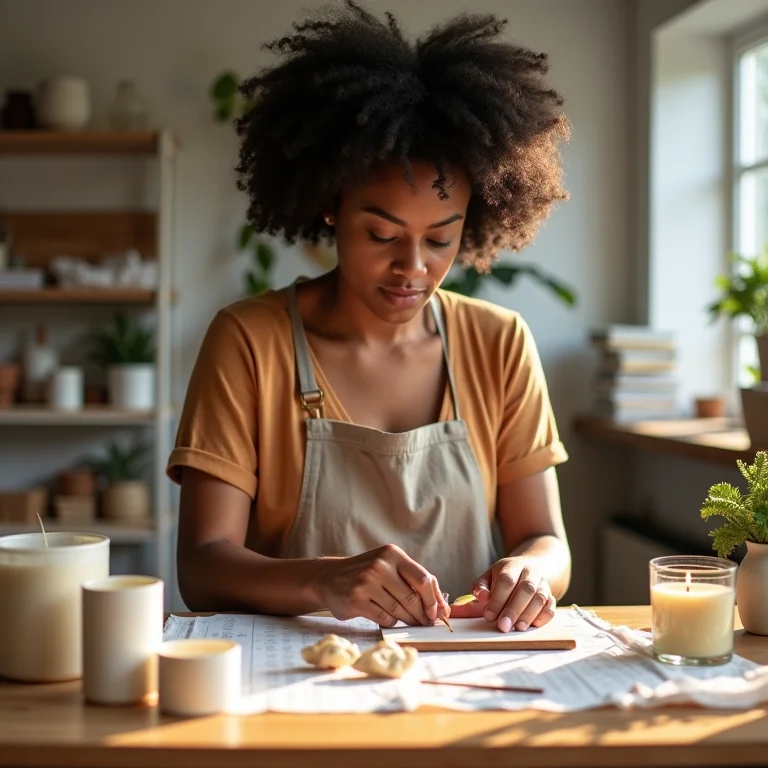 Mulher negra preparando o ambiente para fazer velas artesanais.