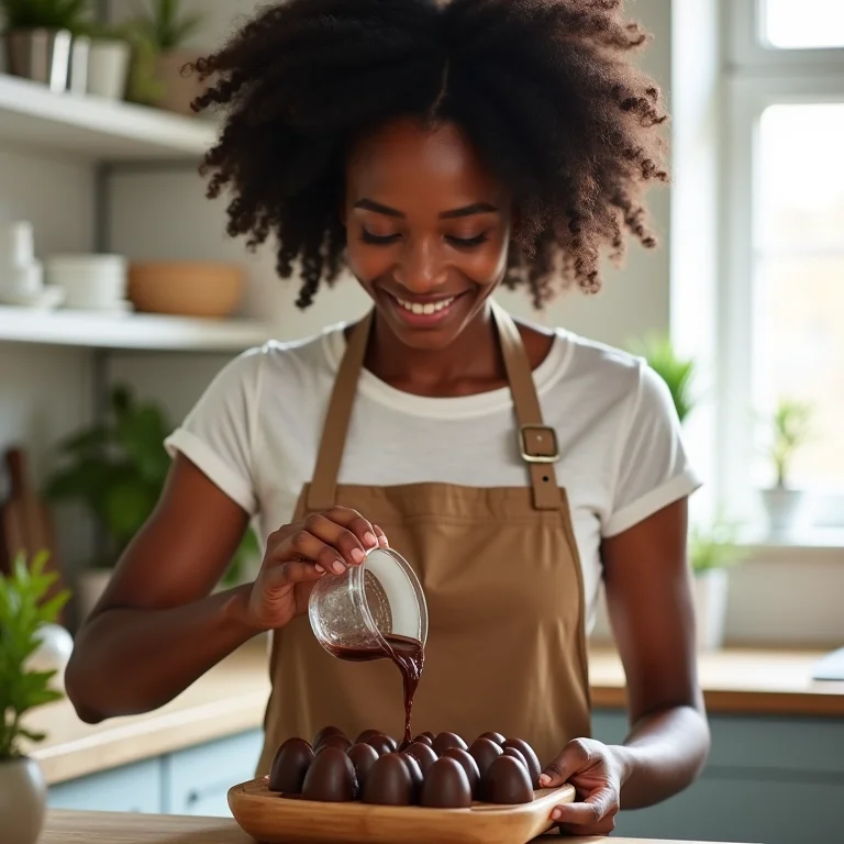 Mulher negra preparando ovos de Páscoa em cozinha iluminada