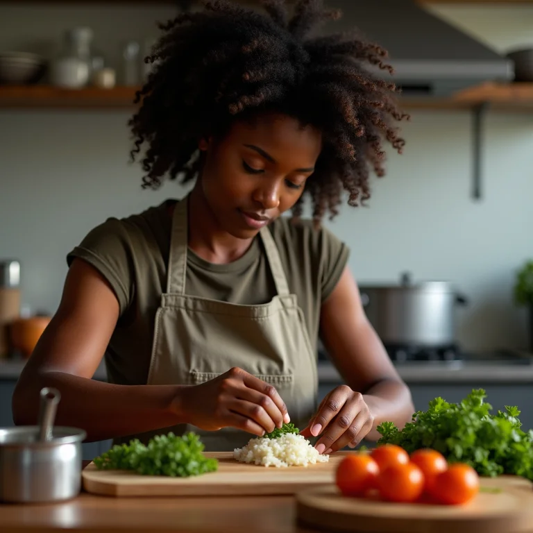 Mulher negra preparando Pato no Tucupi em cozinha moderna