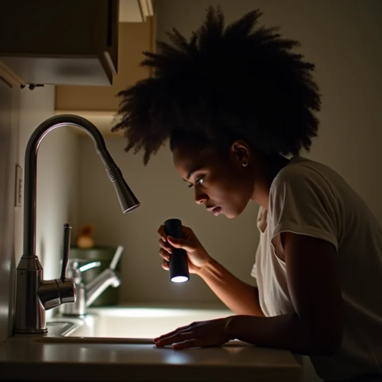 Mulher negra procurando por vazamentos embaixo da pia.