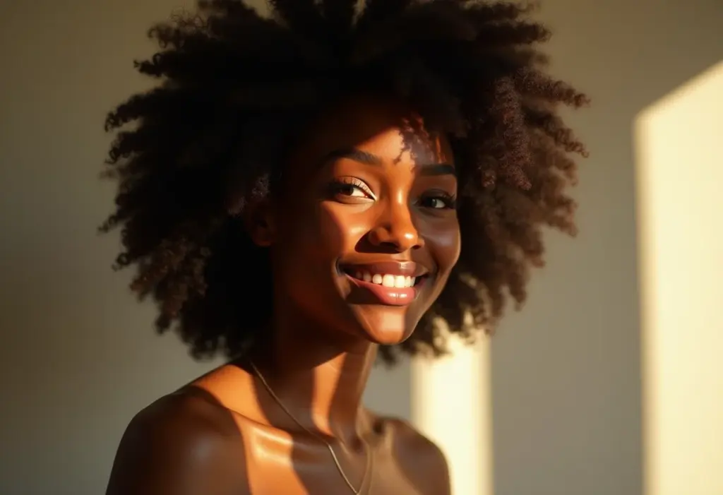 Mulher negra radiante aplicando maquiagem acessível