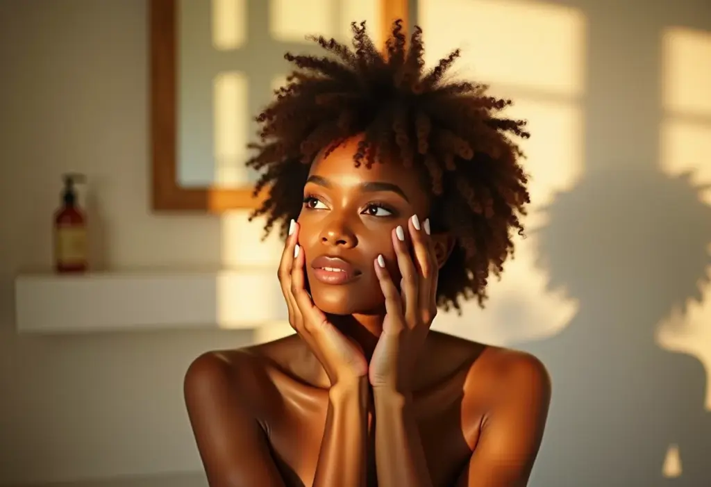 Mulher negra radiante aplicando skincare matinal