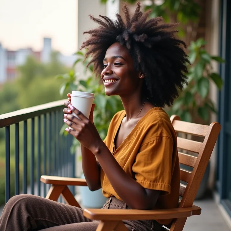 Mulher negra relaxando em cadeira dobrável de madeira na varanda
