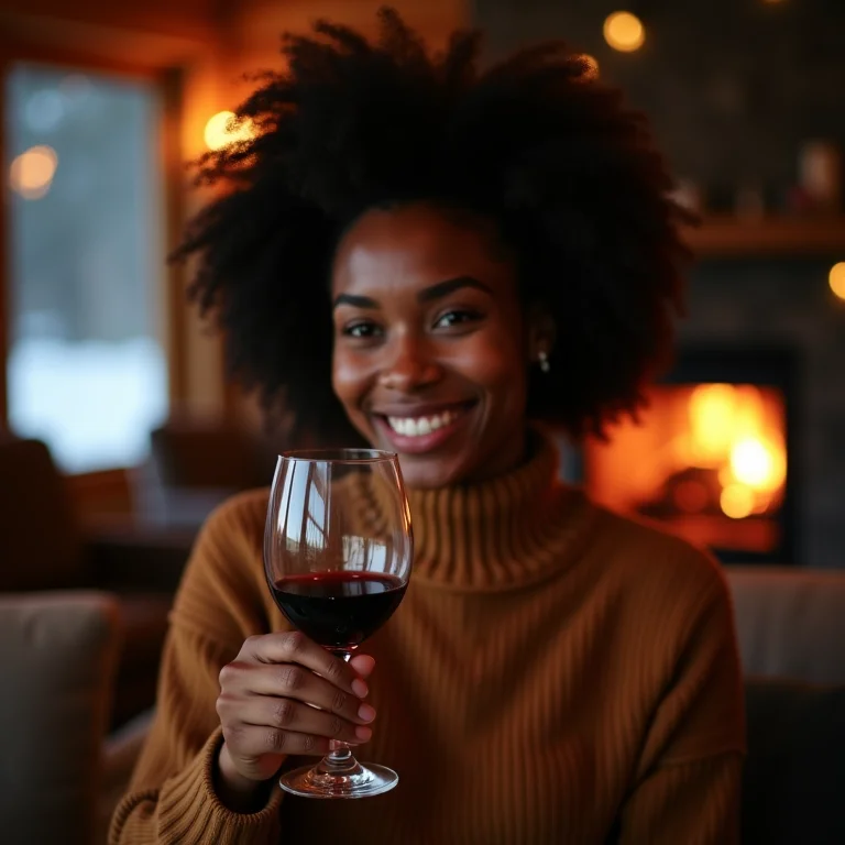 Mulher negra relaxando em frente à lareira em chalé romântico