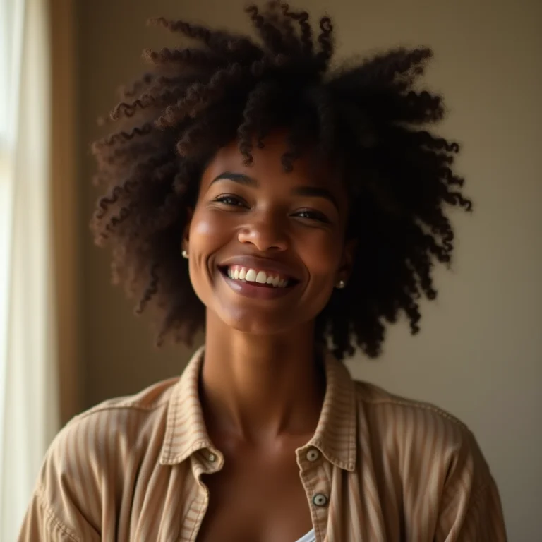 Mulher negra relembrando memórias da reunião de escola.