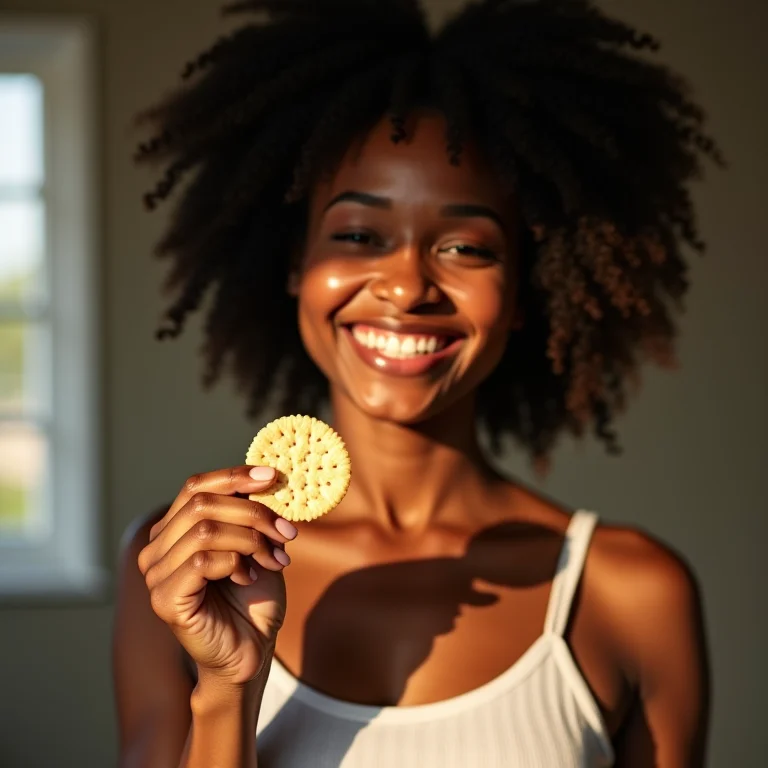 Mulher negra saboreando biscoito de arroz caseiro