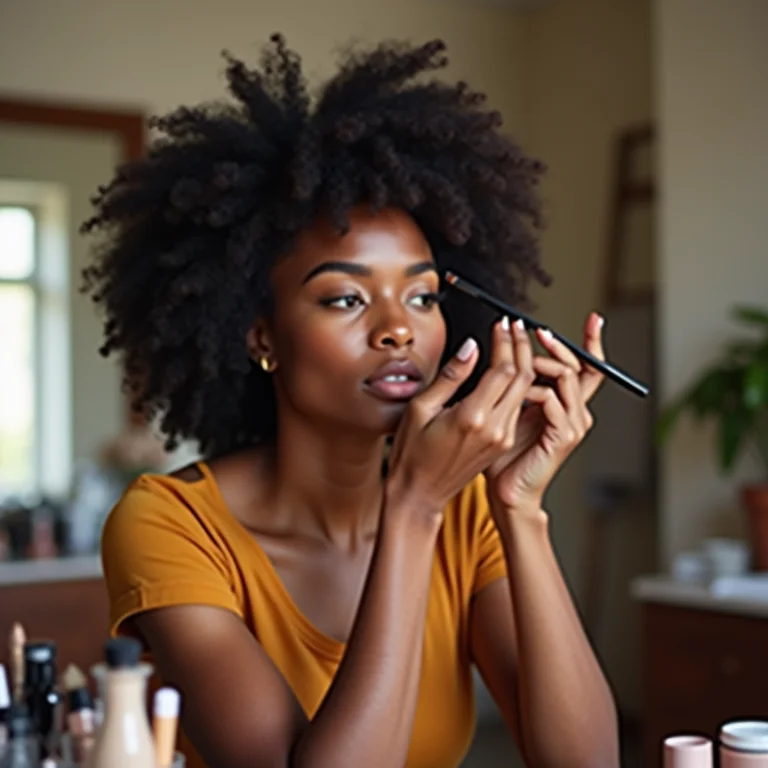 Mulher negra se maquiando em penteadeira organizada.