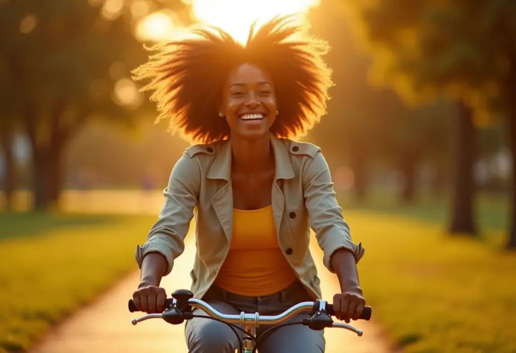 Mulher negra sorrindo anda de bicicleta em parque ensolarado.
