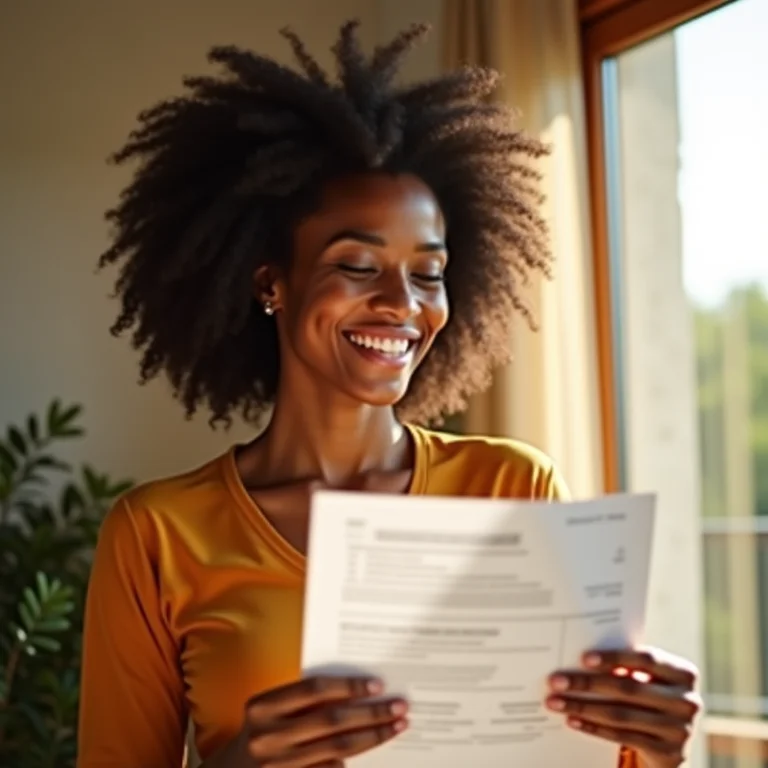 Mulher negra sorrindo ao analisar suas finanças