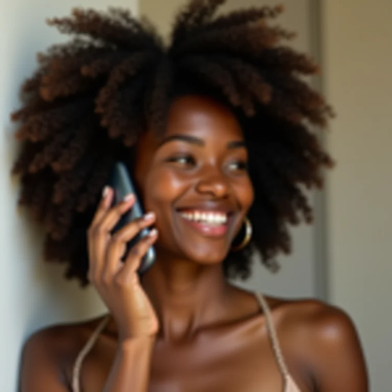 Mulher negra sorrindo ao telefone, recuperando acesso