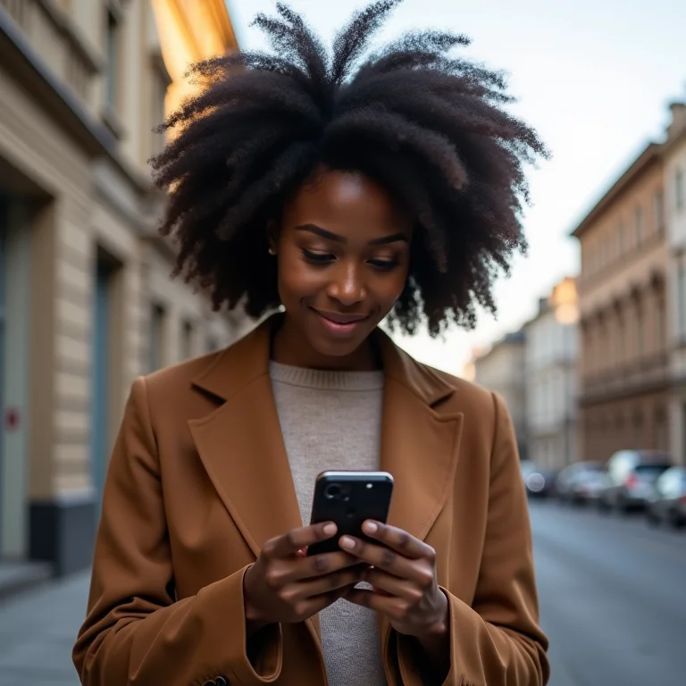 Mulher negra sorrindo ao usar app do Uber em cidade turística