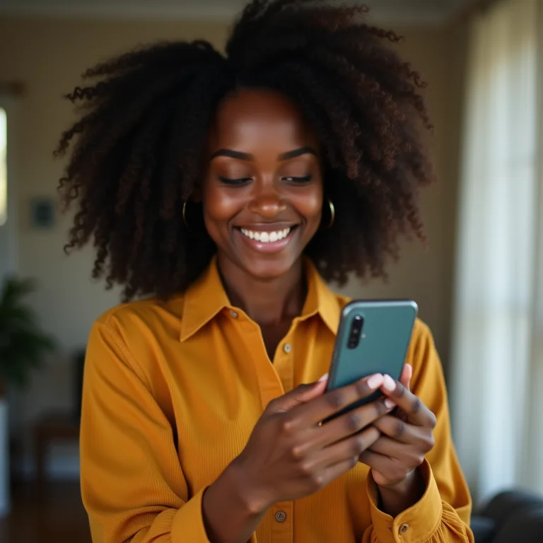 Mulher negra sorrindo ao ver avaliação positiva de compra online.