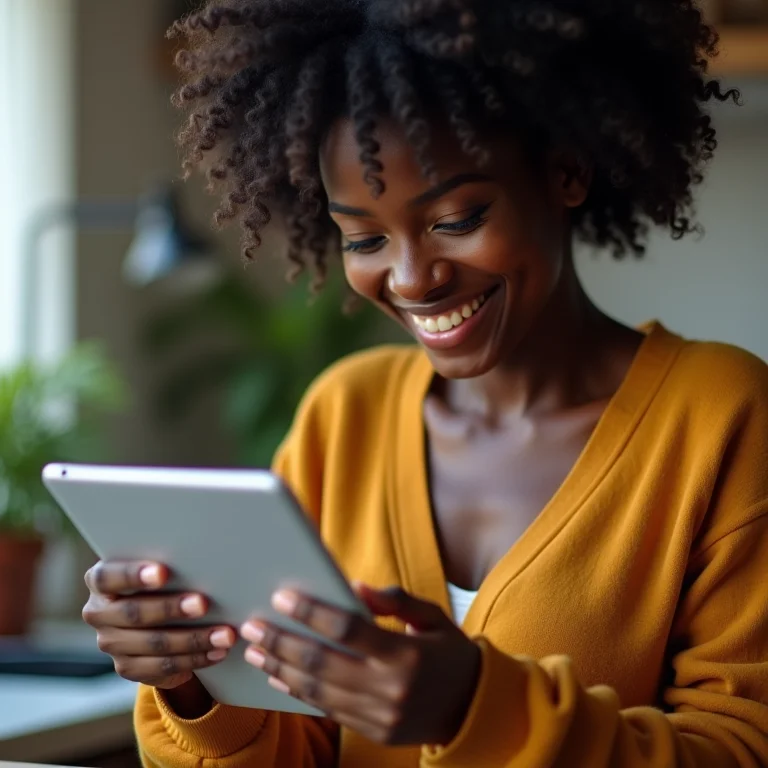 Mulher negra sorrindo ao ver promoção de panela de pressão elétrica