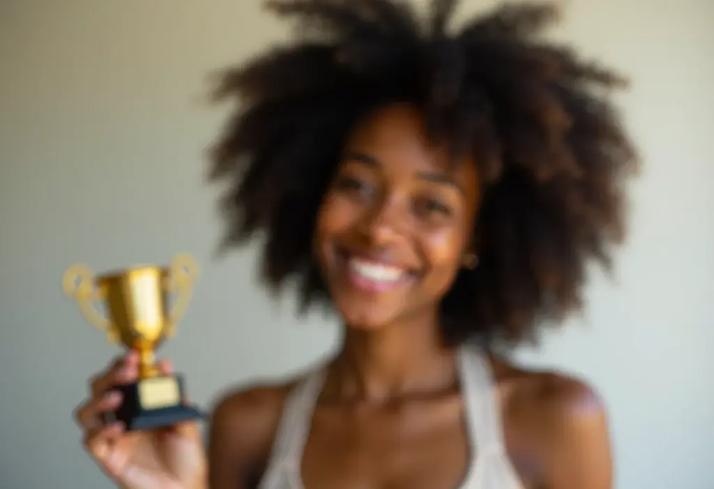 Fuja do clichê: a forma certa de parabenizar conquistas Mulher negra sorrindo, celebrando conquista com troféu dourado.
