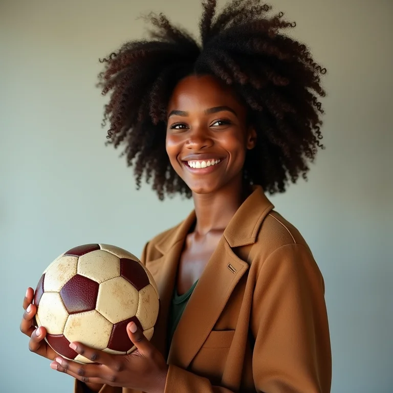 Mulher negra sorrindo com bola de futebol vintage