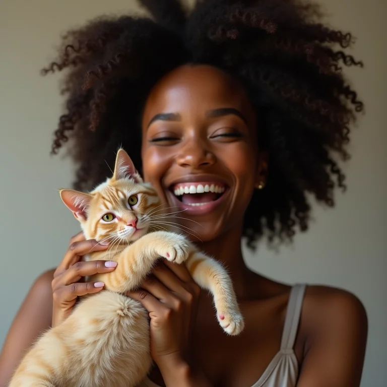Mulher negra sorrindo com brinquedo de gato caseiro