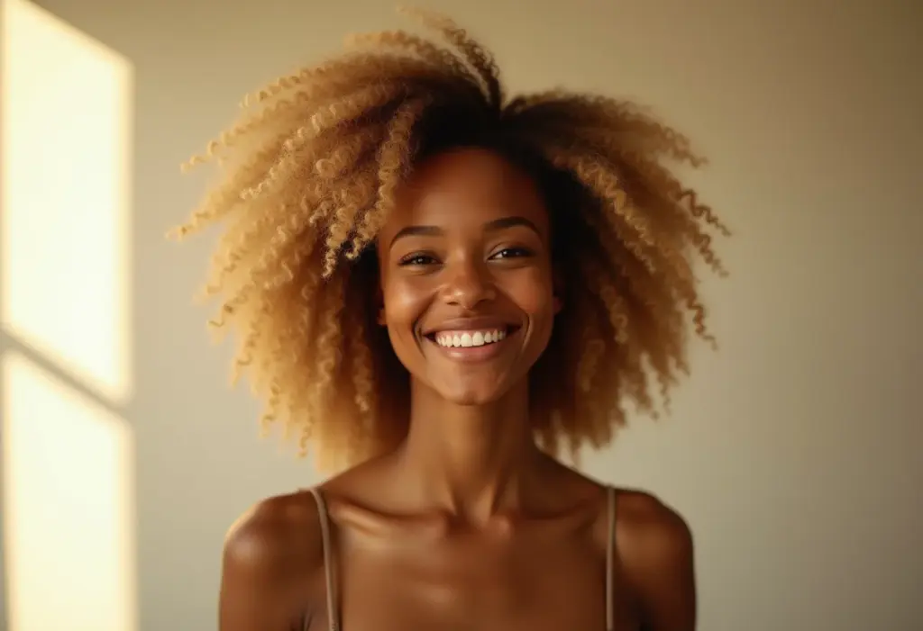 Mulher negra sorrindo com cabelo loiro saudável e natural