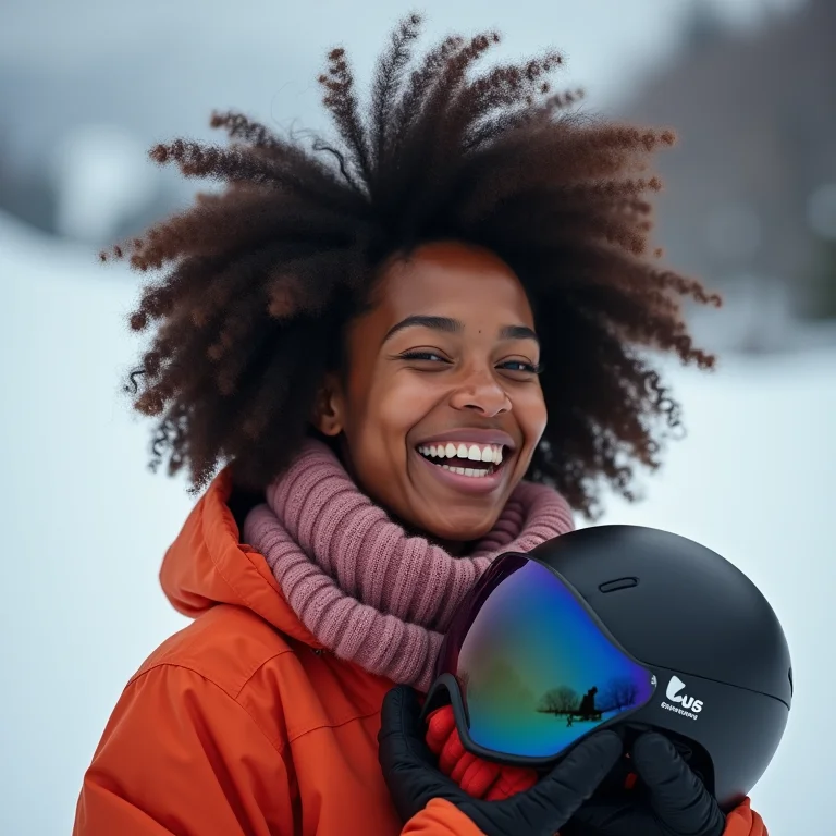 Mulher negra sorrindo com capacete de luge