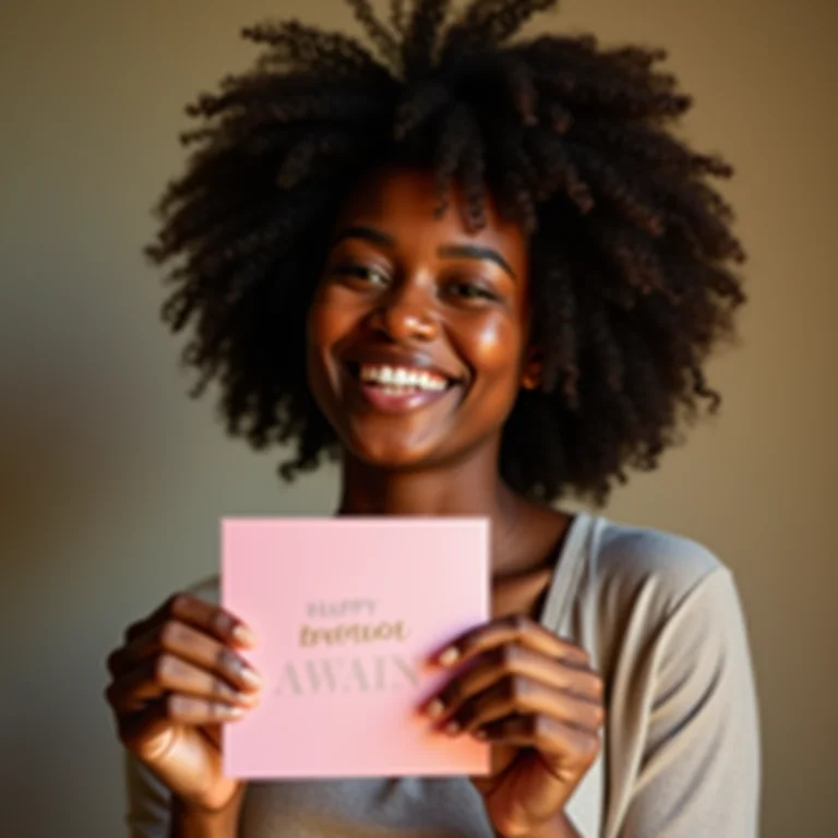 Mulher negra sorrindo com cartão de aniversário