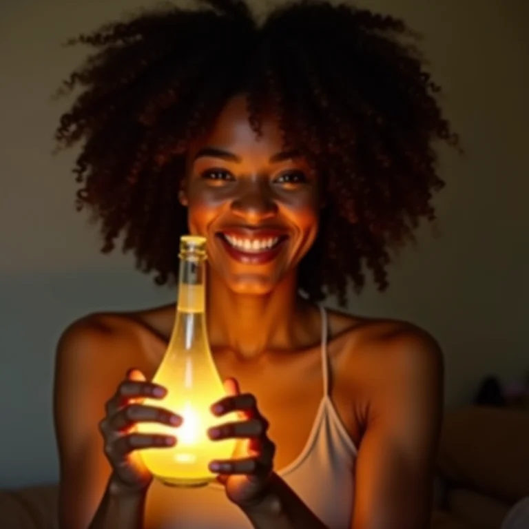 Mulher negra sorrindo com luminária de garrafa DIY.