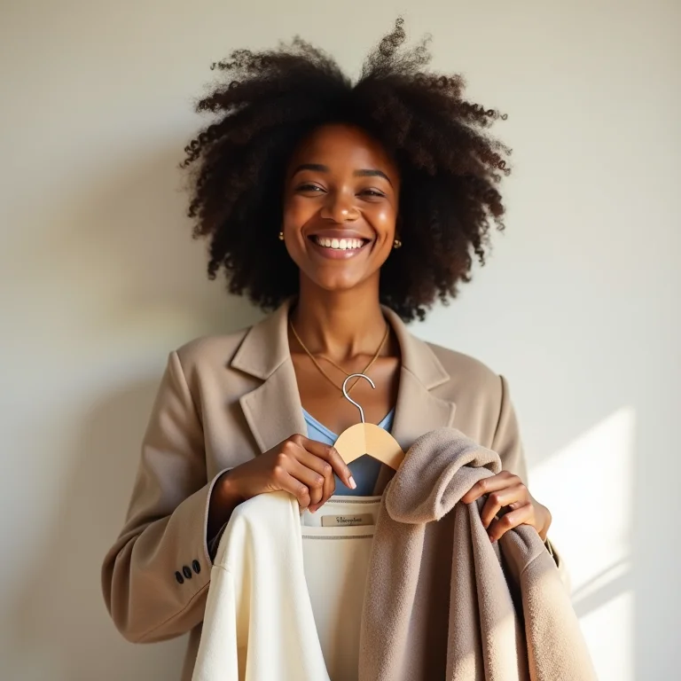 Mulher negra sorrindo com peças de roupa de um guarda-roupa cápsula para viagem.