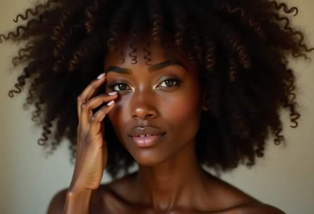 Mulher negra sorrindo com sobrancelhas impecáveis